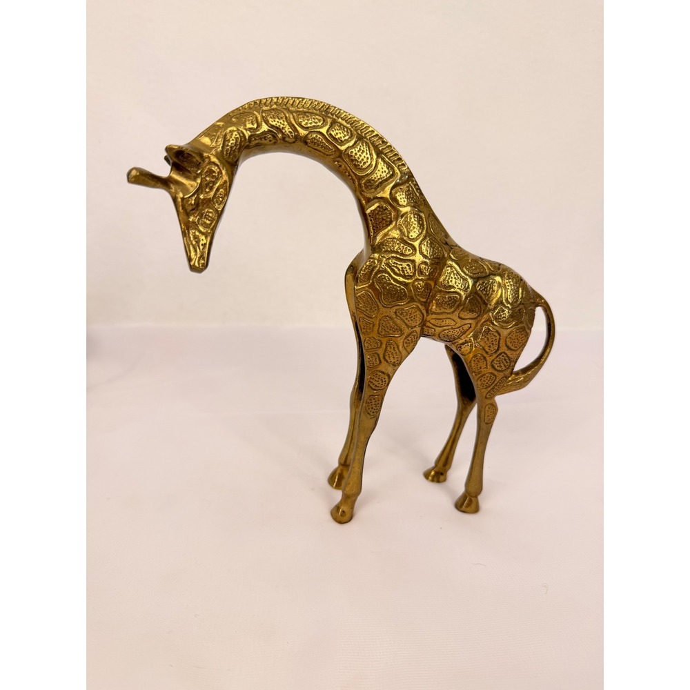 Vintage Brass Giraffe Figurine Bowed Head Etched Detail MCM Animal Decor 8.5in